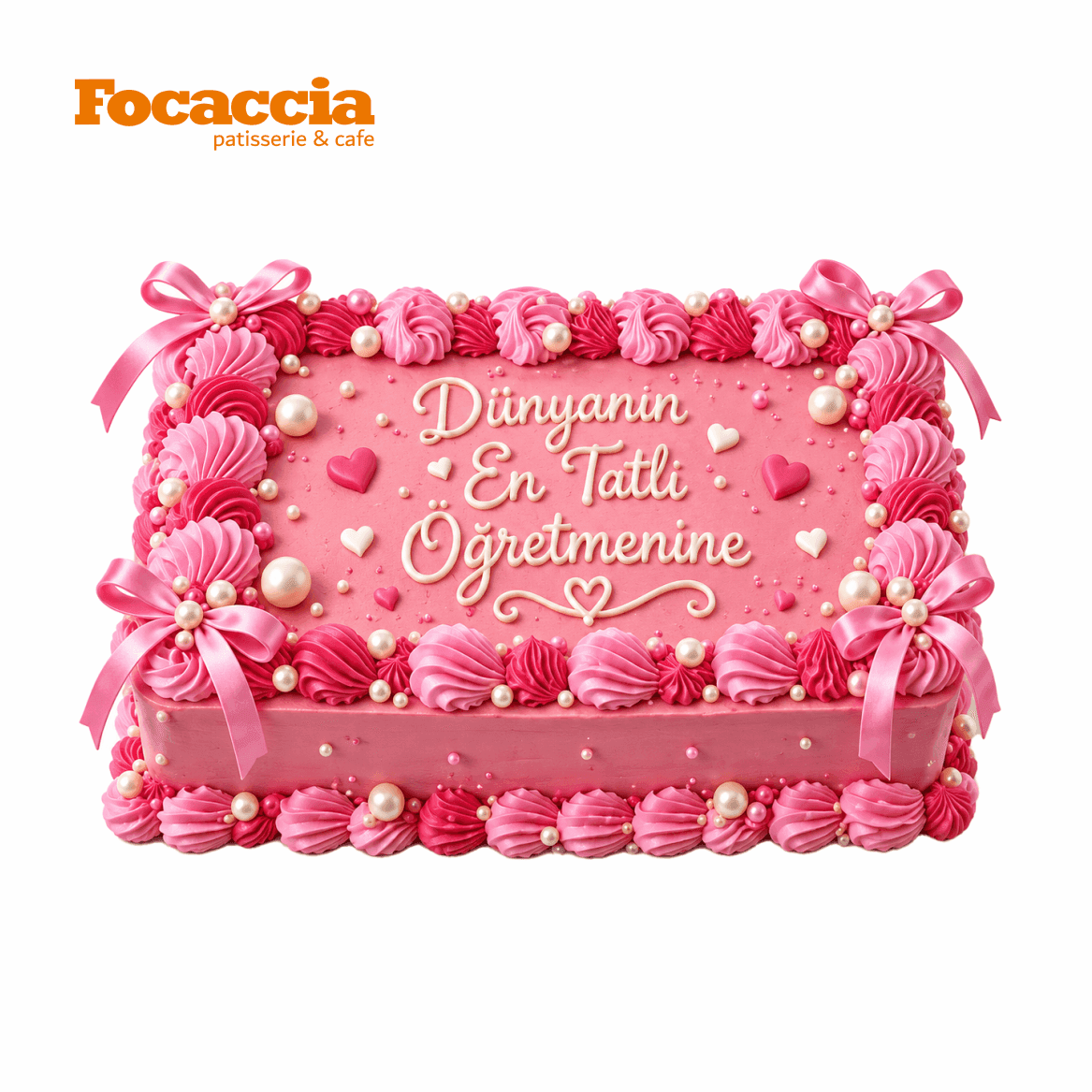 Schriftzugtorte zum Lehrertag mit rosa Schleifen