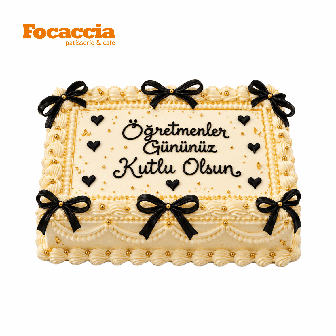 Schriftzugtorte zum Lehrertag mit schwarzen Schleifen
